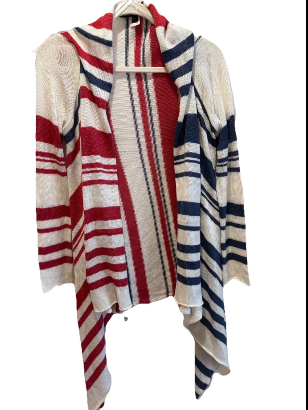 Love Stitch Long Open Cardigan Red White & Blue Stripe Knit SM Cotton